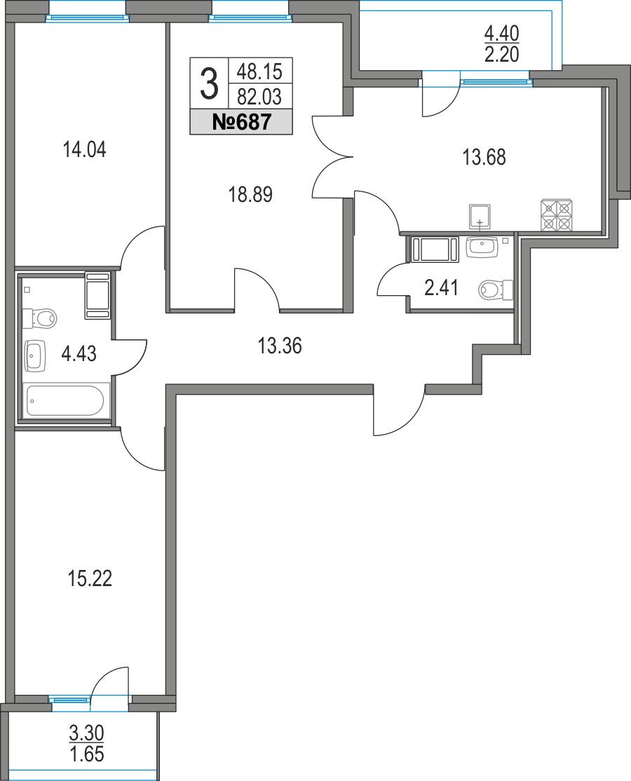 3 комн. квартира, 82 м², 4 этаж 