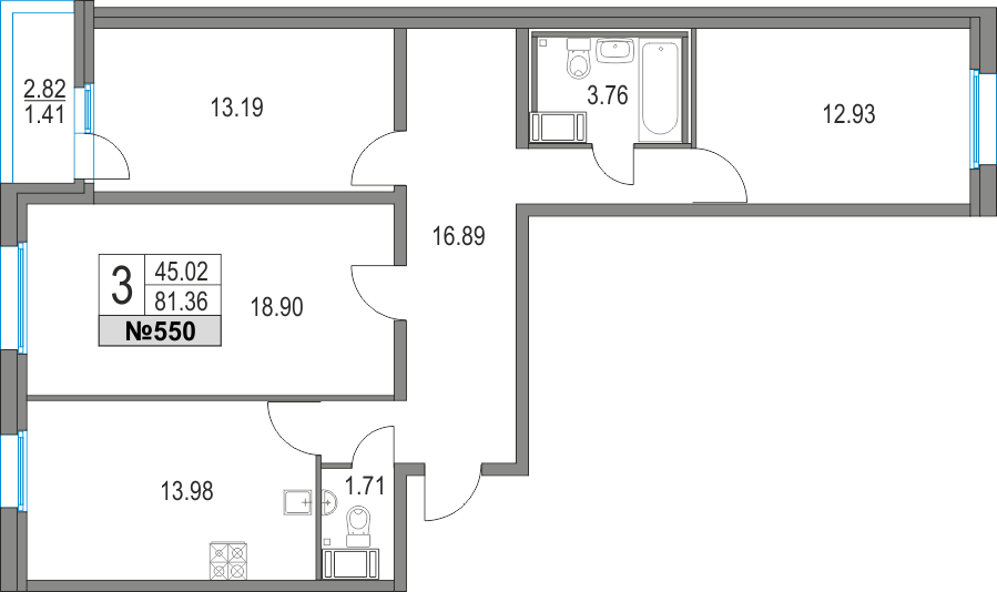 3 комн. квартира, 81.4 м², 3 этаж 
