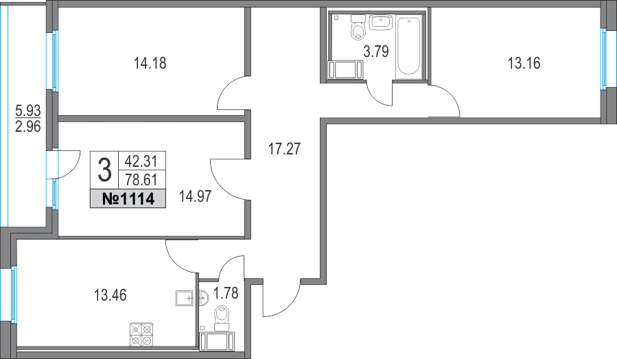 3 комн. квартира, 78.6 м², 18 этаж 