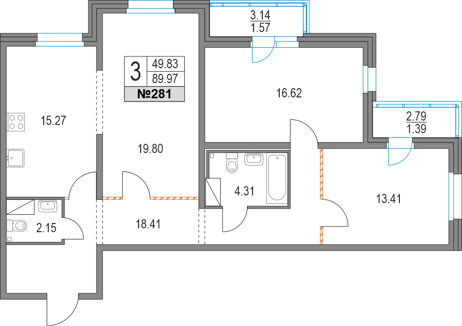 3 комн. квартира, 89.8 м², 2 этаж 