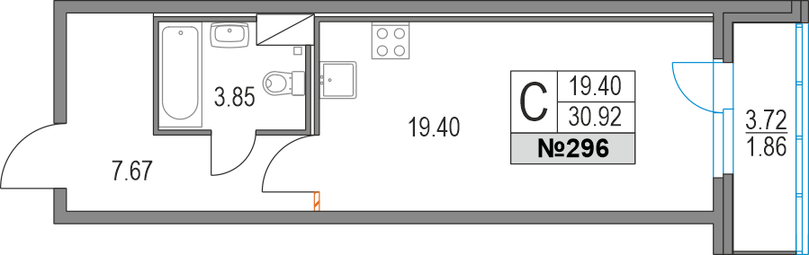 студия, 30.7 м², 4 этаж 