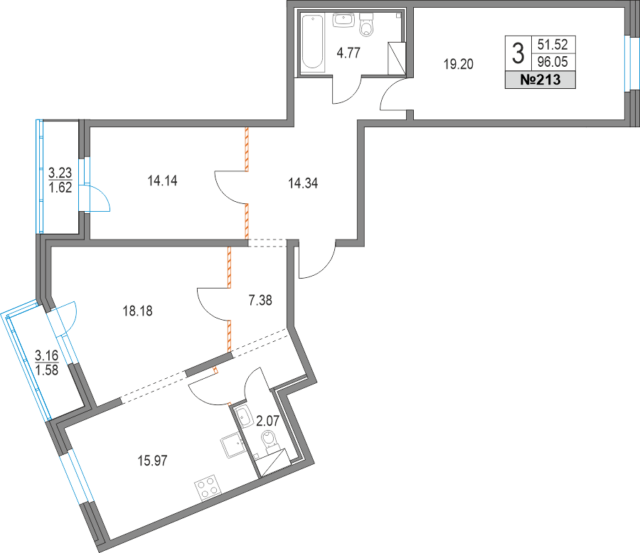 3 комн. квартира, 95.9 м², 2 этаж 