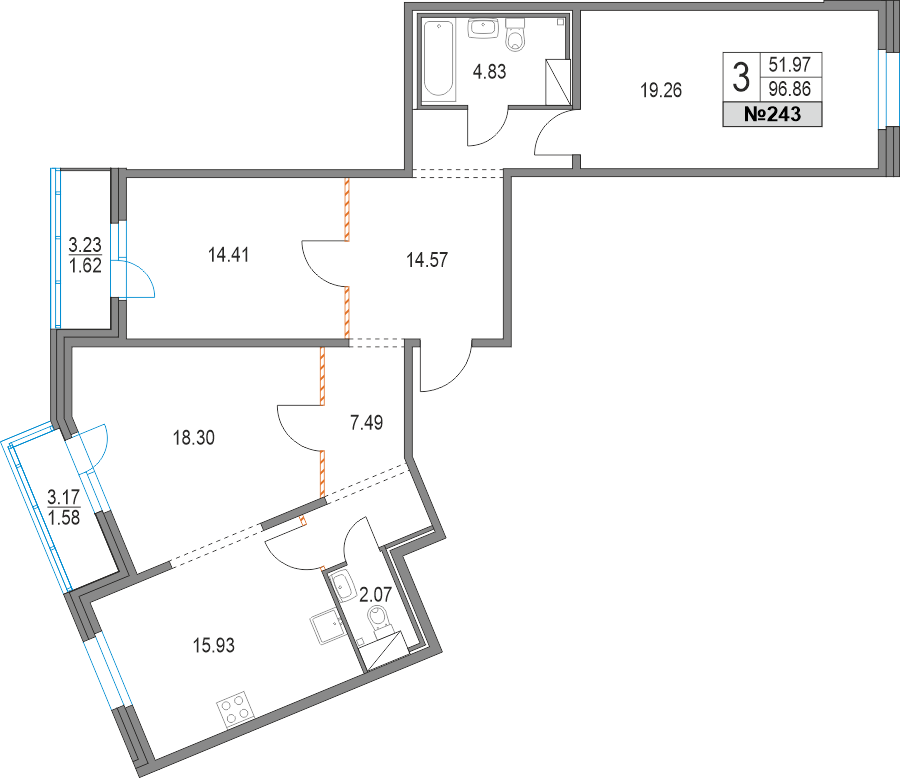 3 комн. квартира, 96.8 м², 10 этаж 