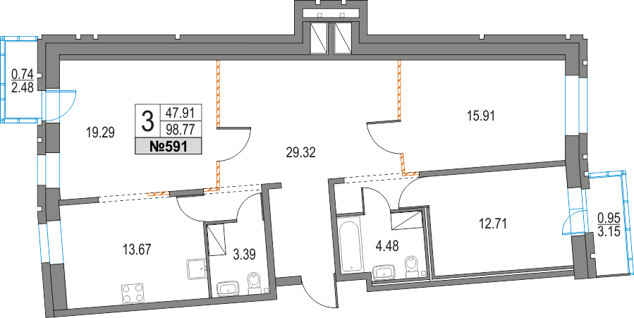 3 комн. квартира, 98.8 м², 17 этаж 