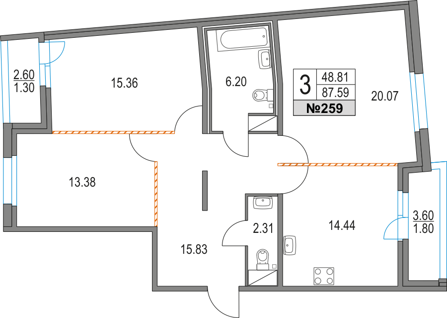 3 комн. квартира, 87.6 м², 2 этаж 