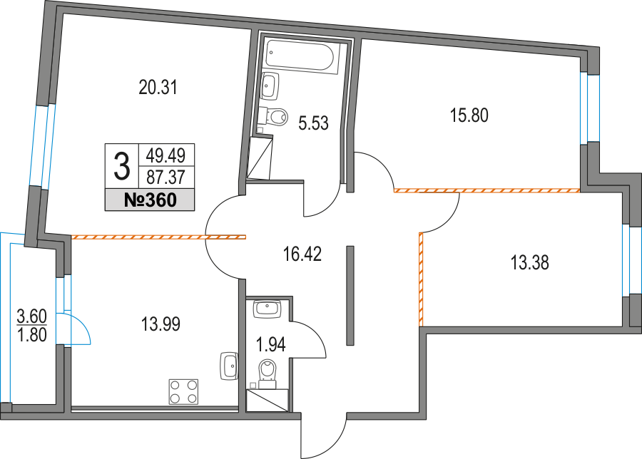 3 комн. квартира, 87.4 м², 13 этаж 