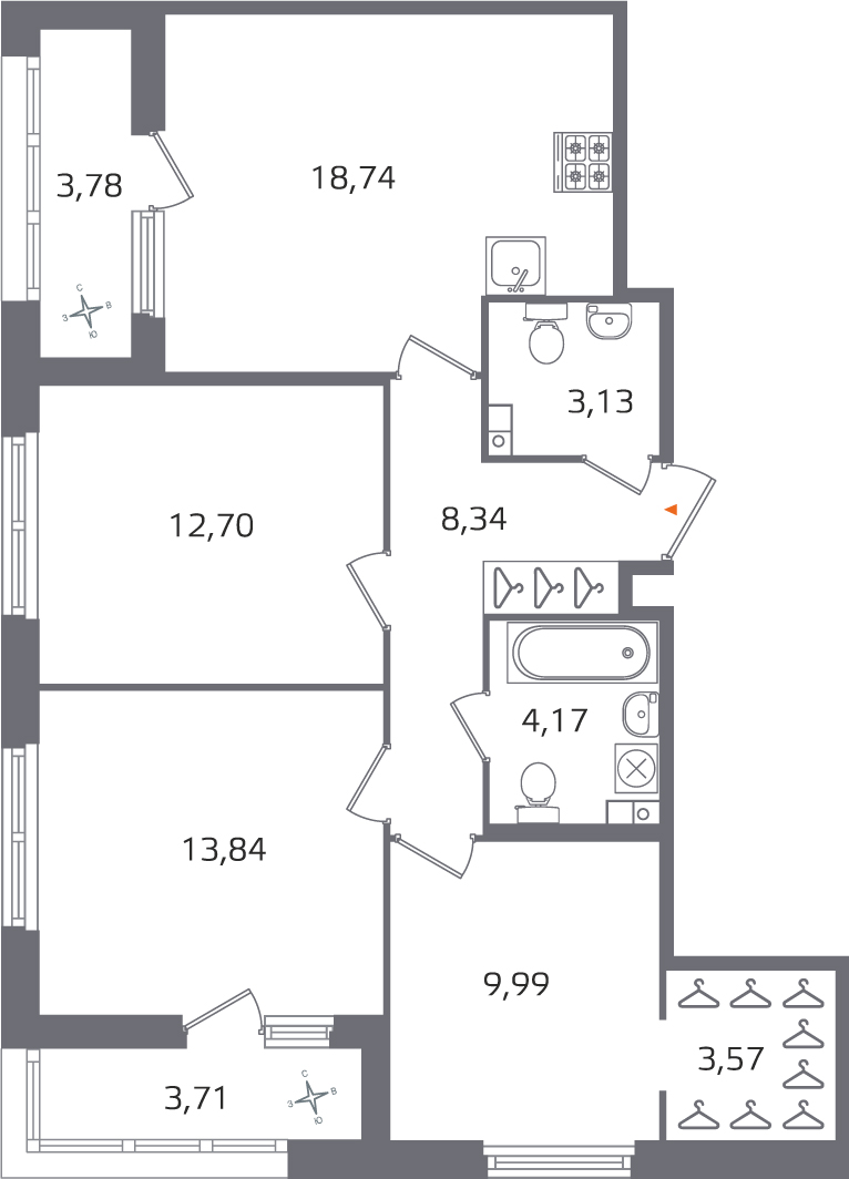 3 комн. квартира, 74.5 м², 3 этаж 