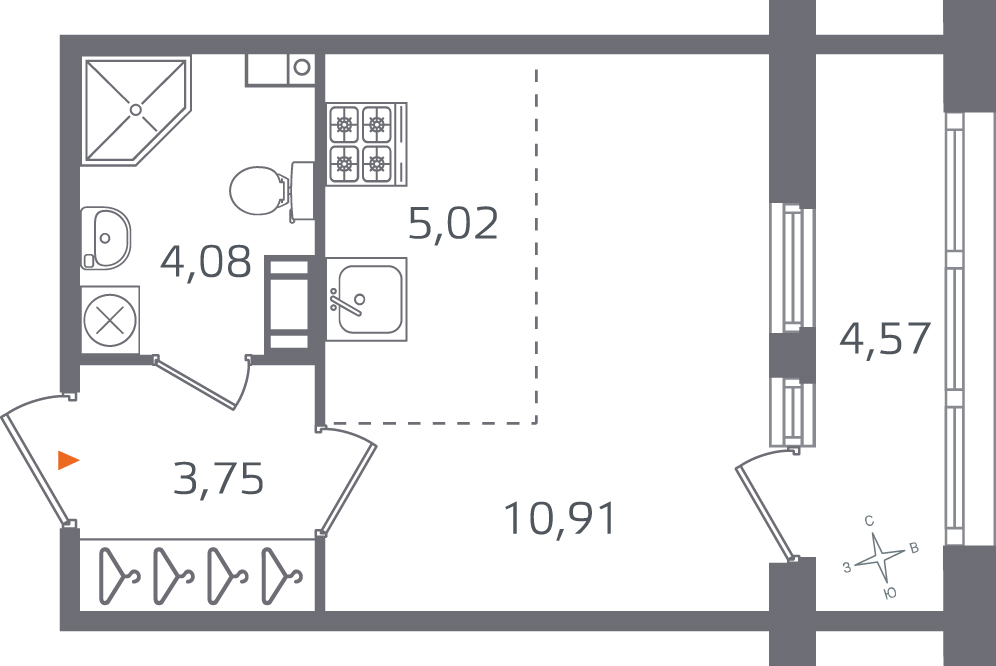 студия, 23.8 м², 3 этаж 