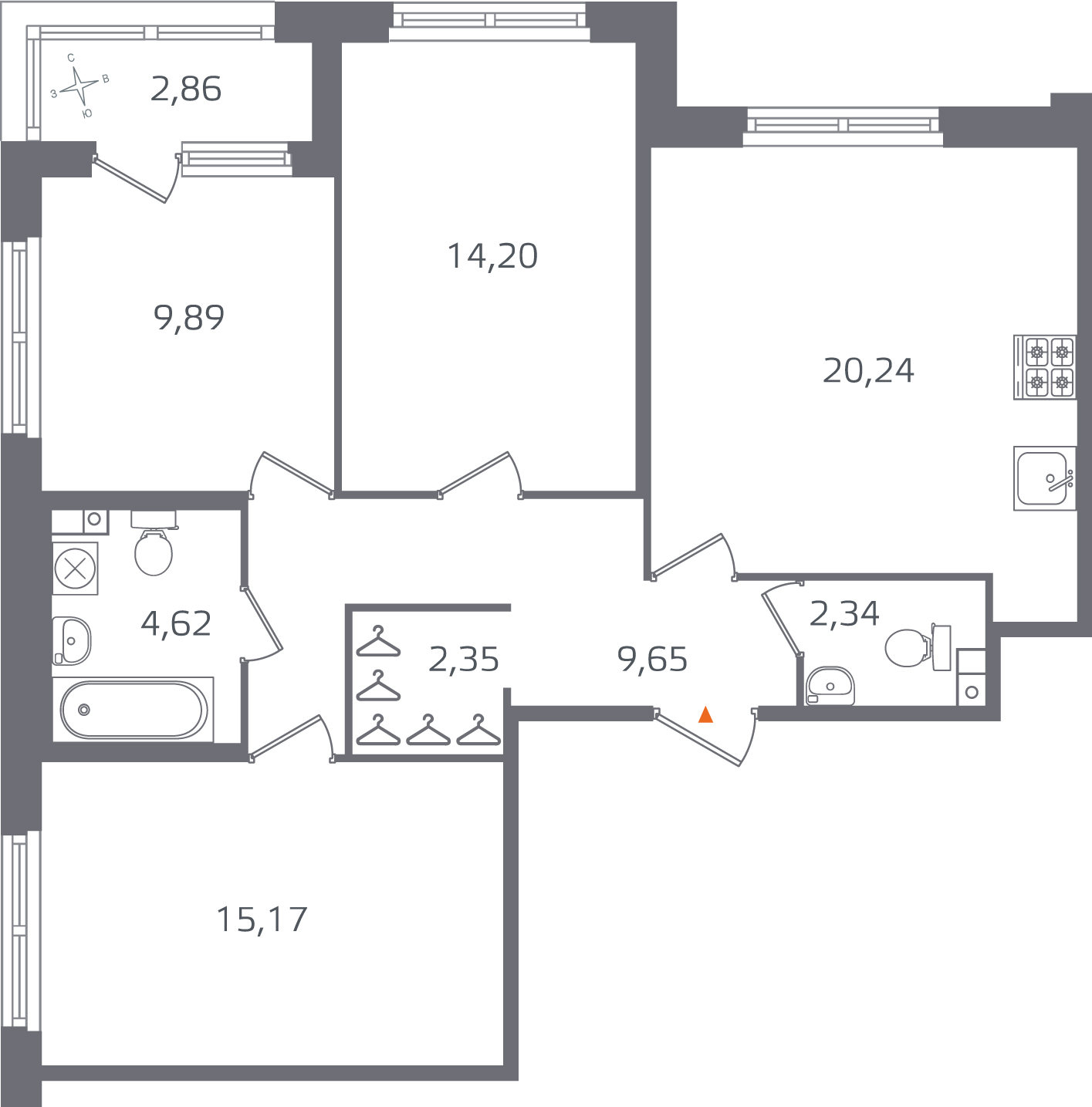 3 комн. квартира, 78.5 м², 2 этаж 