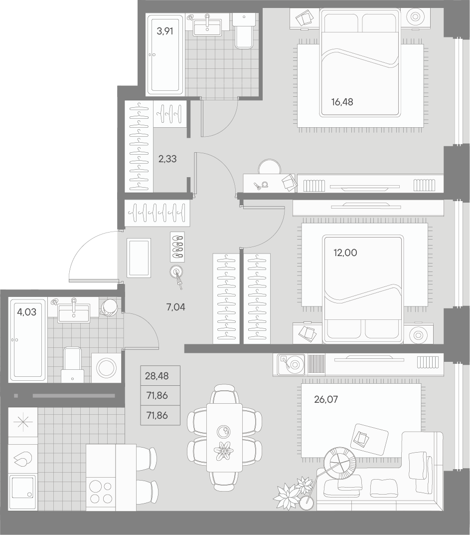 2 комн. квартира, 71.9 м², 7 этаж 