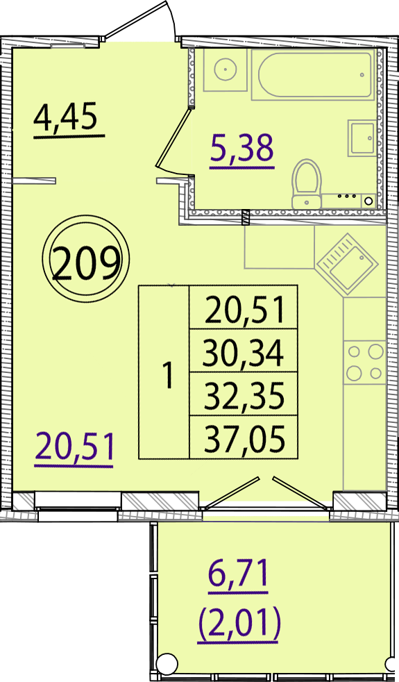 1 комн. квартира, 30.3 м², 2 этаж 