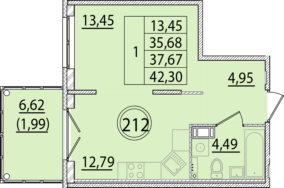 1 комн. квартира, 35.7 м², 2 этаж 