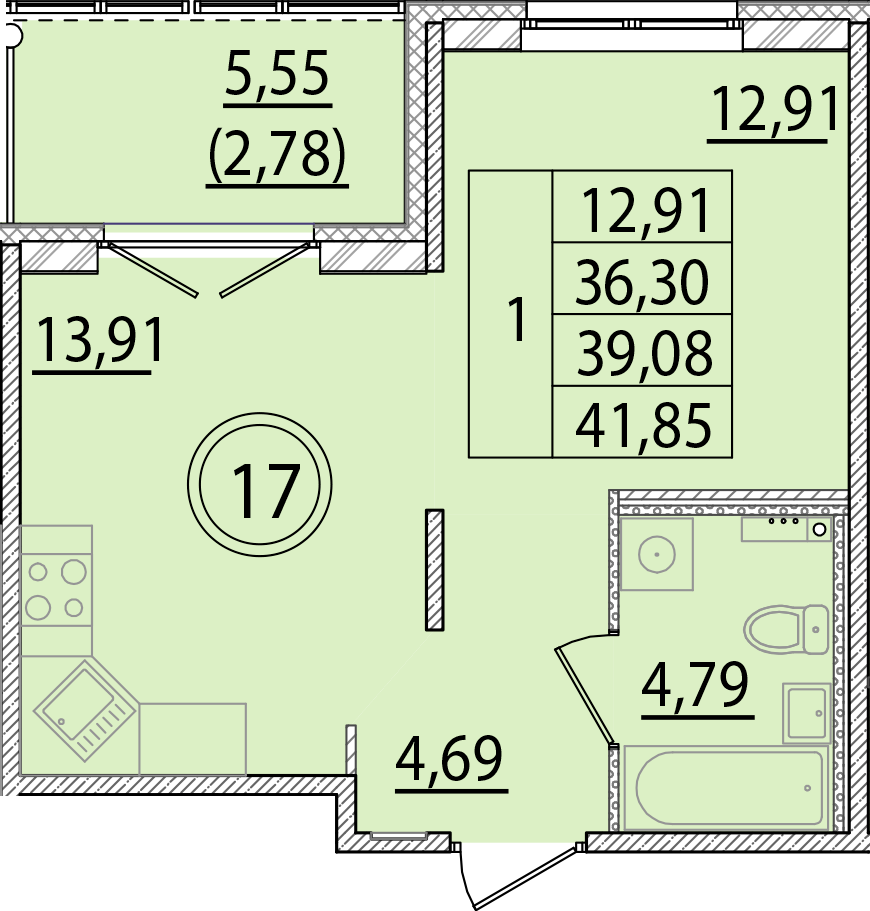 1 комн. квартира, 36.3 м², 1 этаж 