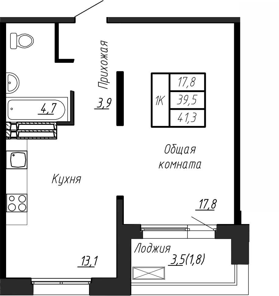1 комн. квартира, 41 м², 12 этаж 