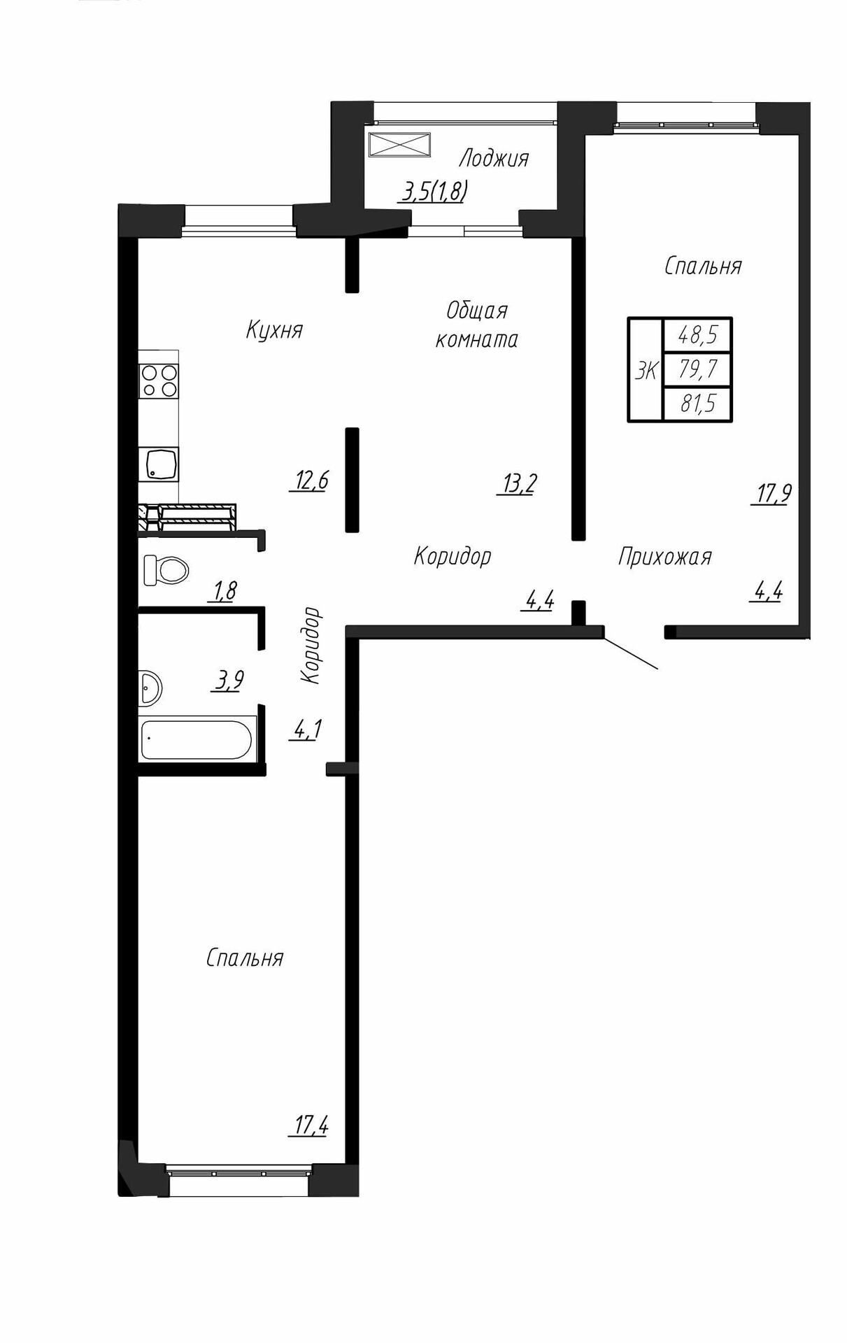 3 комн. квартира, 82 м², 12 этаж 