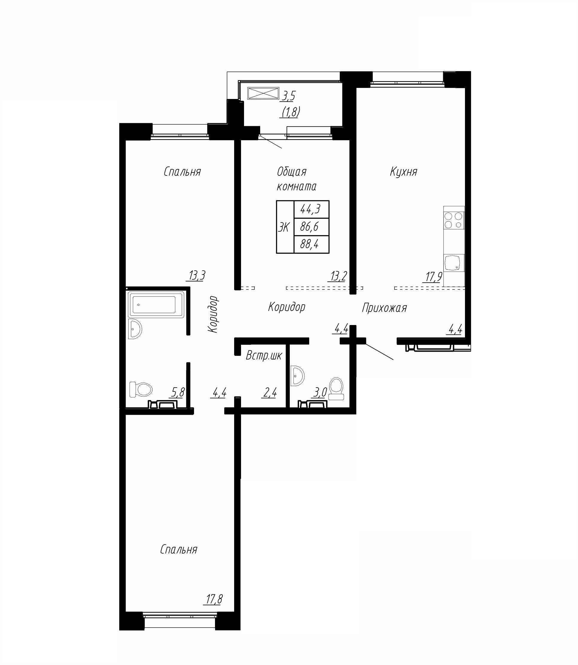 3 комн. квартира, 88 м², 13 этаж 