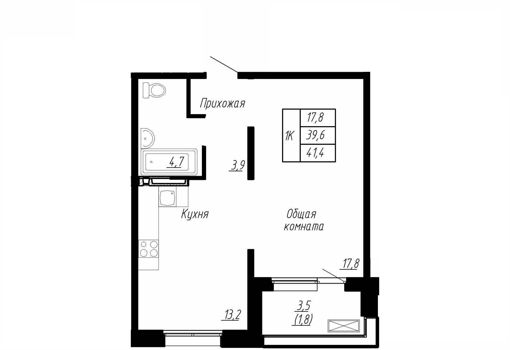 1 комн. квартира, 41 м², 9 этаж 