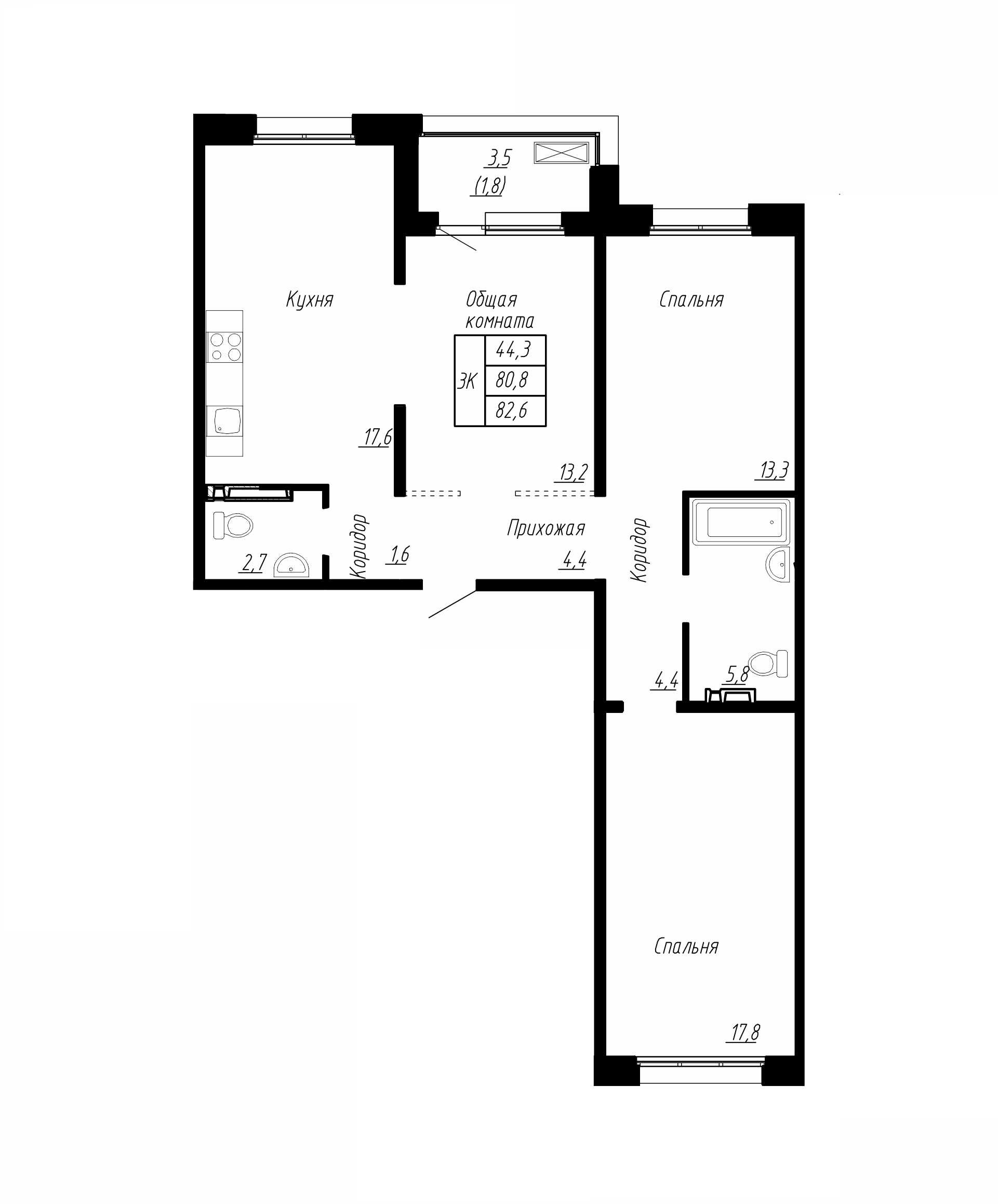 3 комн. квартира, 83 м², 12 этаж 