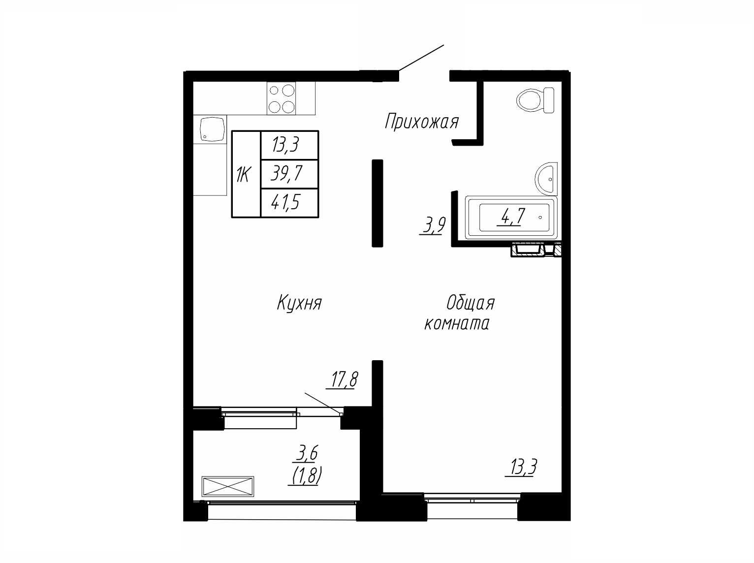 1 комн. квартира, 42 м², 12 этаж 