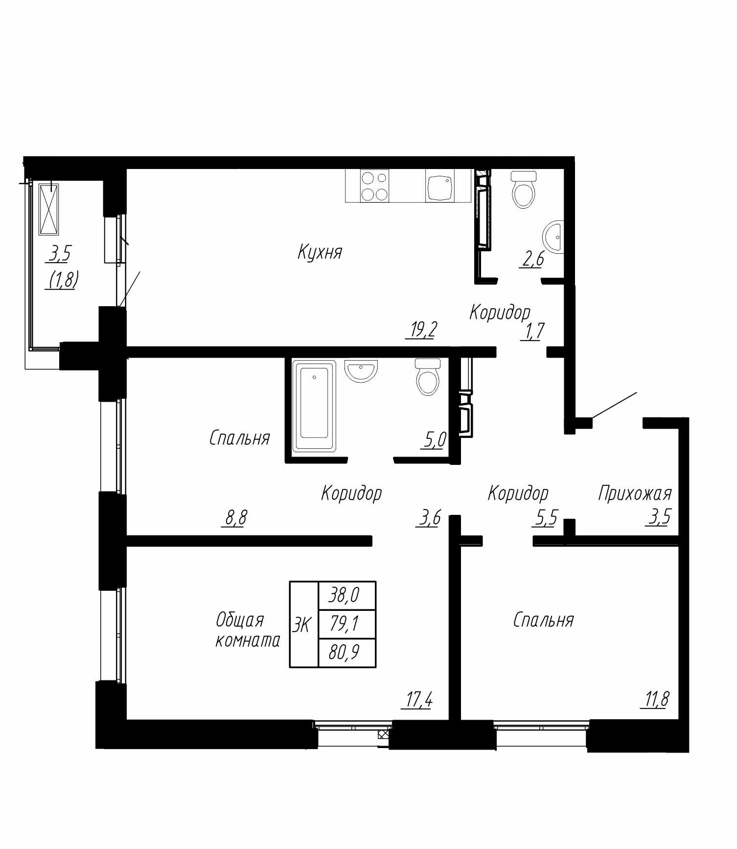 3 комн. квартира, 81 м², 14 этаж 