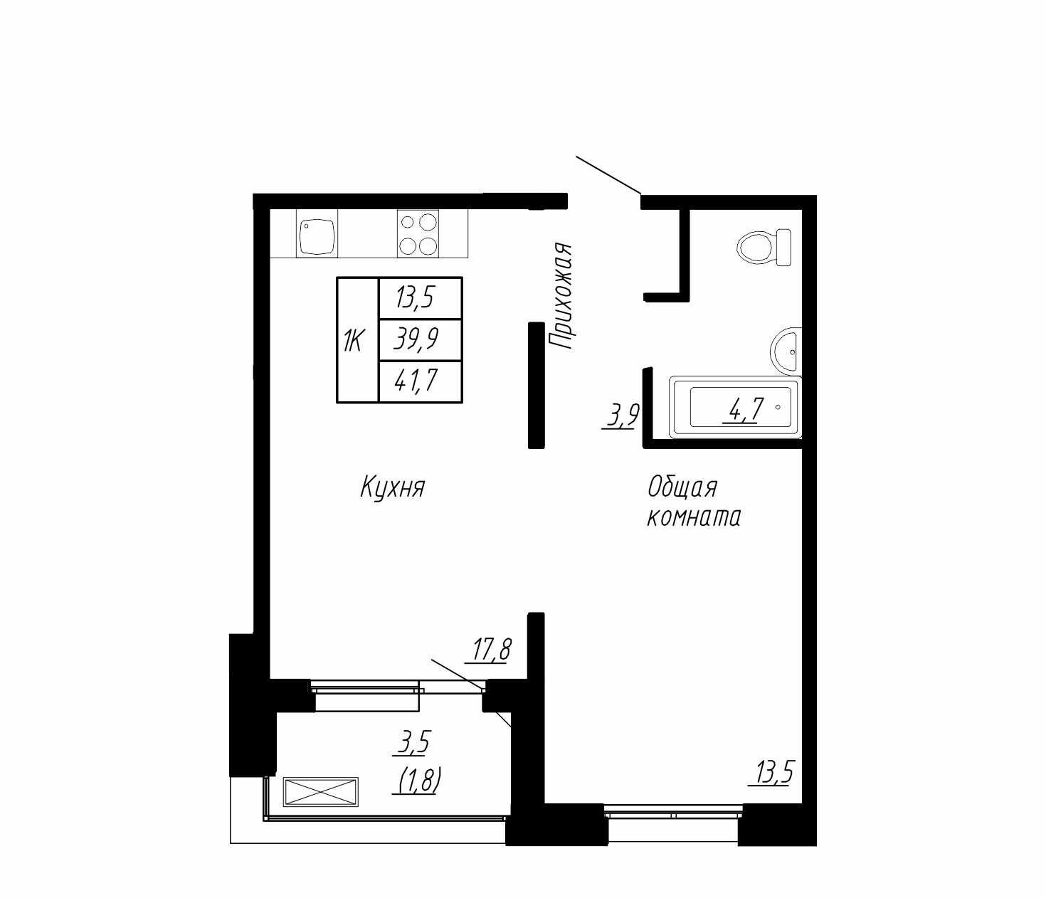 1 комн. квартира, 42 м², 10 этаж 