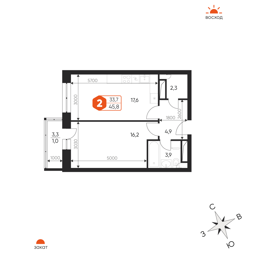 2 комн. квартира, 45.8 м², 6 этаж 