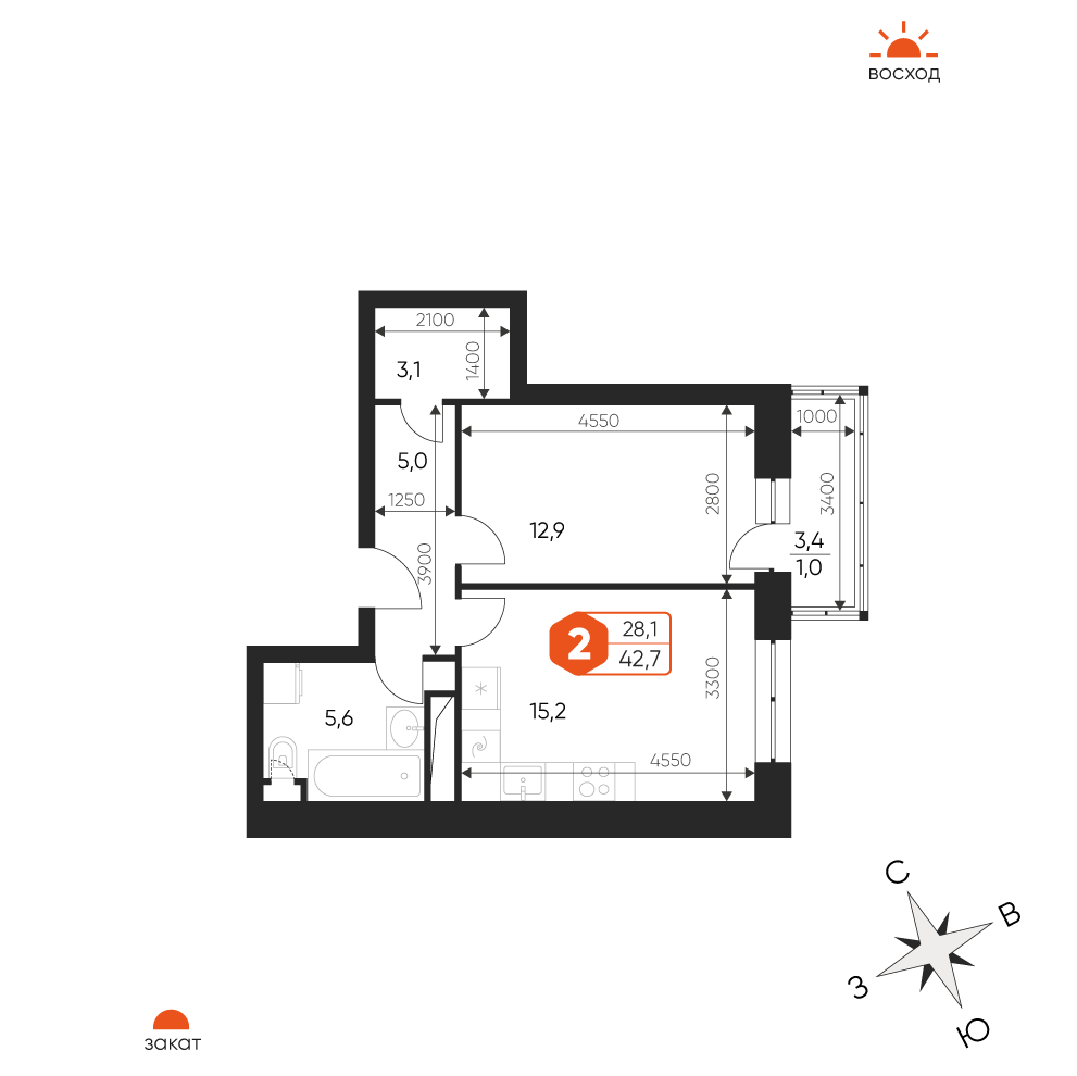2 комн. квартира, 42.7 м², 13 этаж 