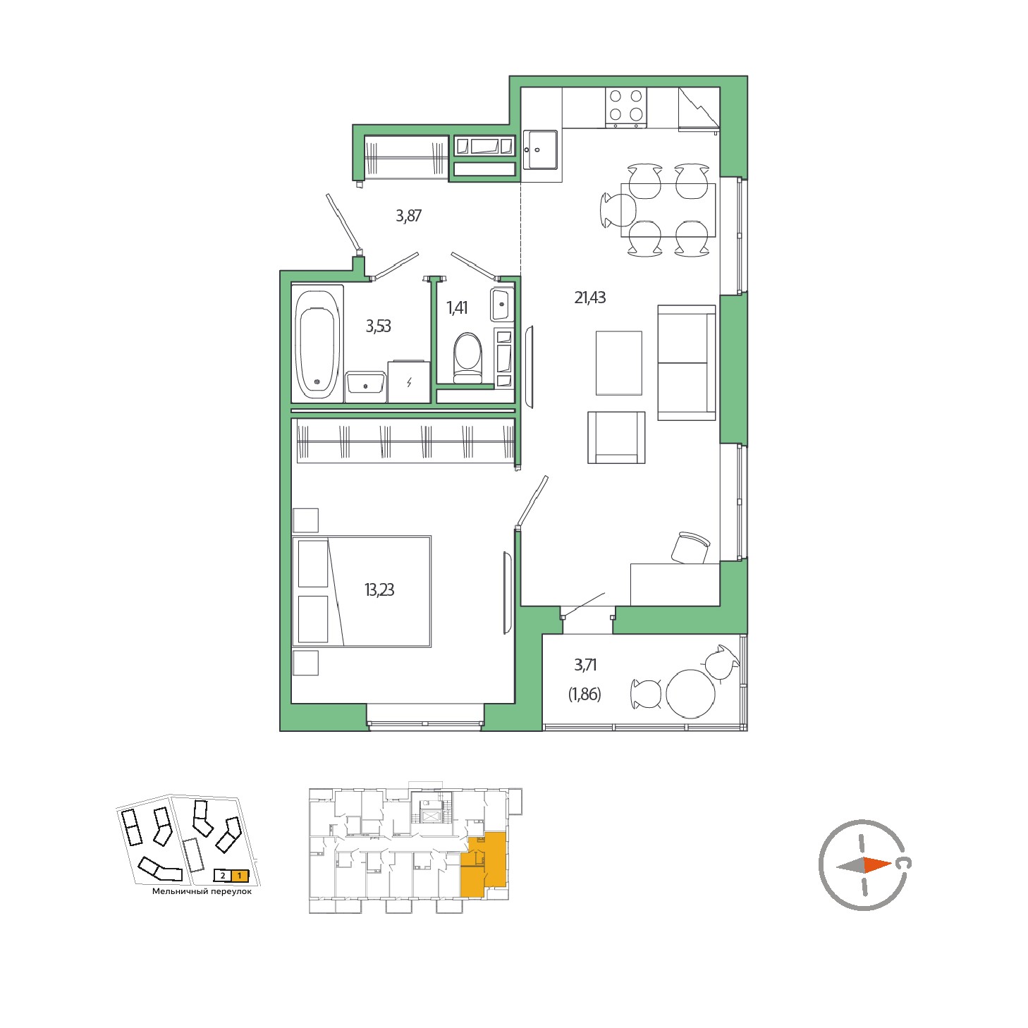 1 комн. квартира, 45.3 м², 3 этаж 