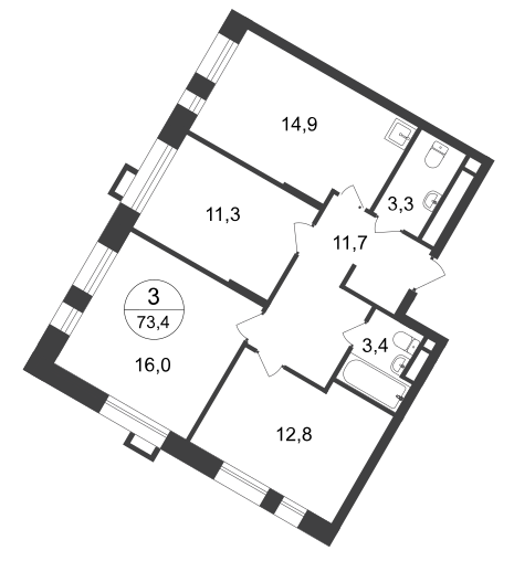 3 комн. квартира, 73.4 м², 17 этаж  (из 20)