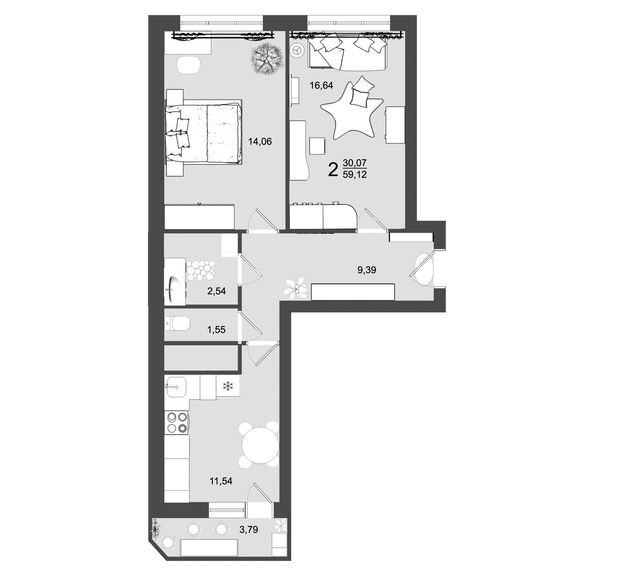 2 комн. квартира, 59.1 м², 8 этаж 