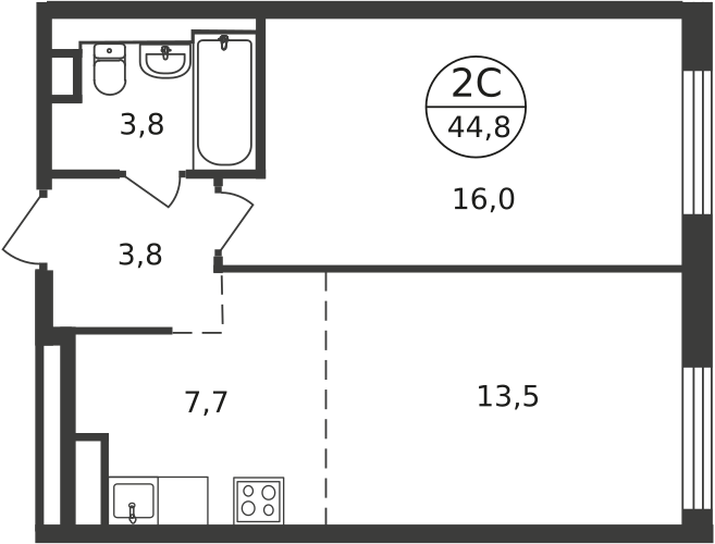 2 комн. квартира, 44.8 м², 4 этаж  (из 9)