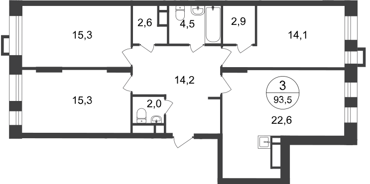 3 комн. квартира, 93.5 м², 19 этаж  (из 20)