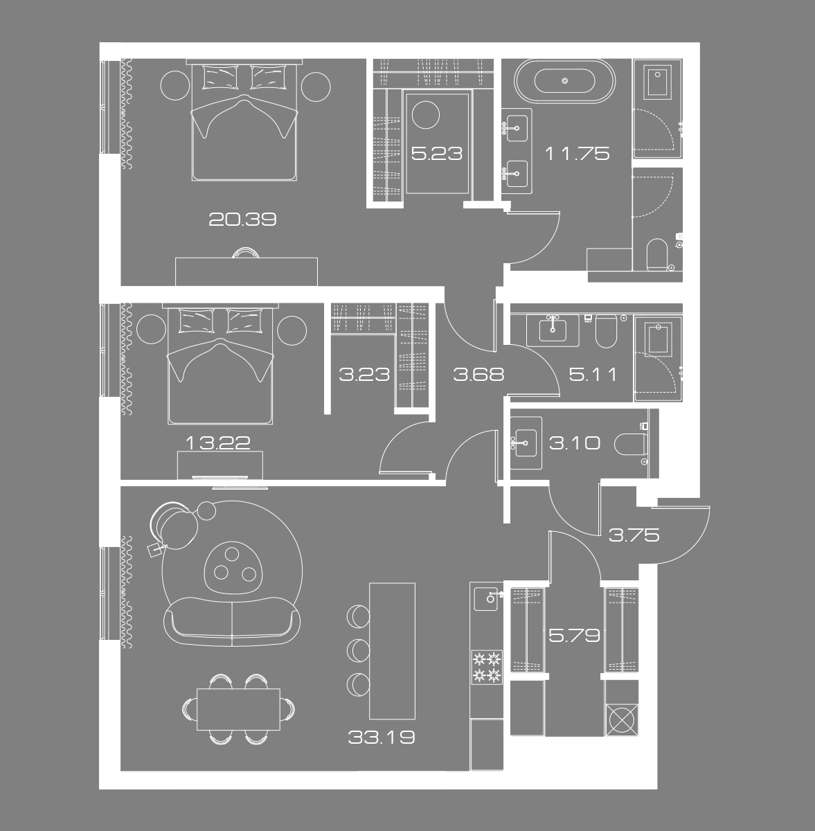 2 комн. квартира, 109.6 м², 11 этаж 