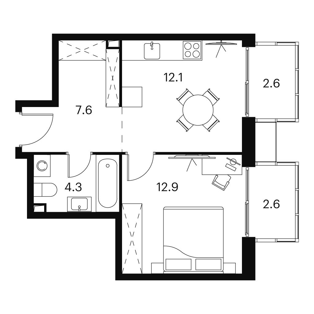 1 комн. квартира, 42.1 м², 8 этаж 
