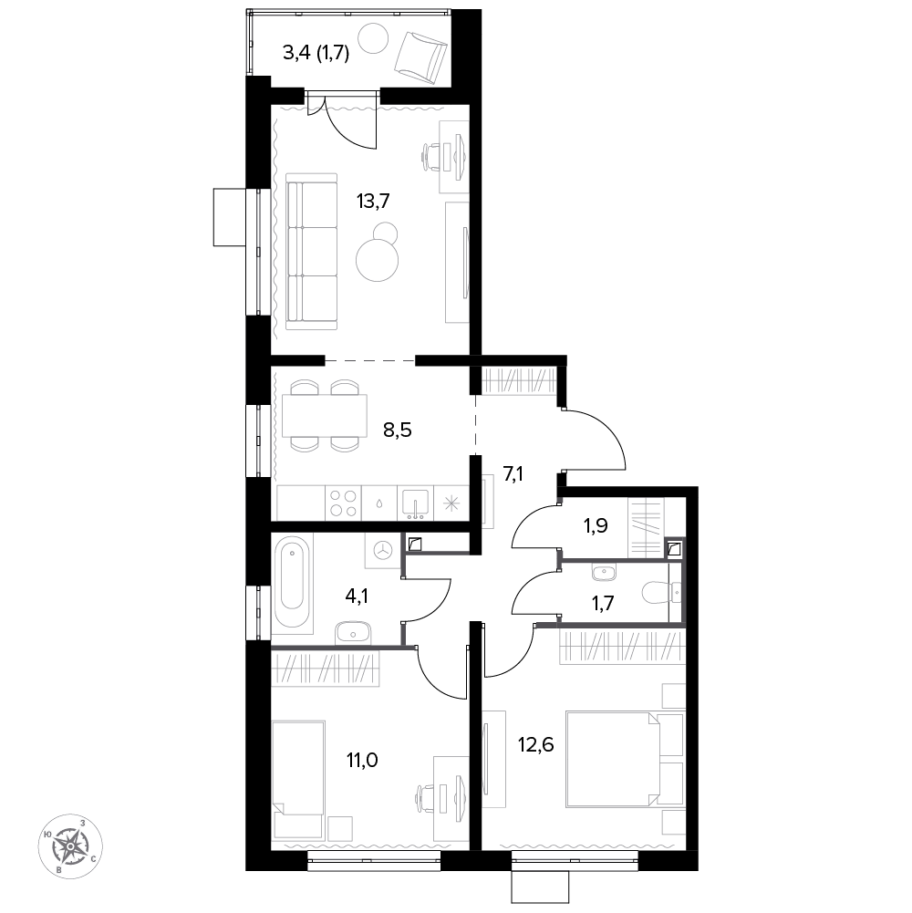 3 комн. квартира, 63.1 м², 9 этаж 