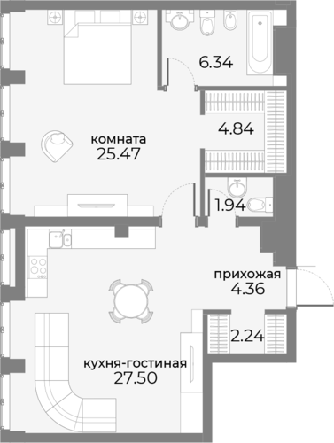 квартира со свободной планировкой, 74.6 м², 10 этаж 