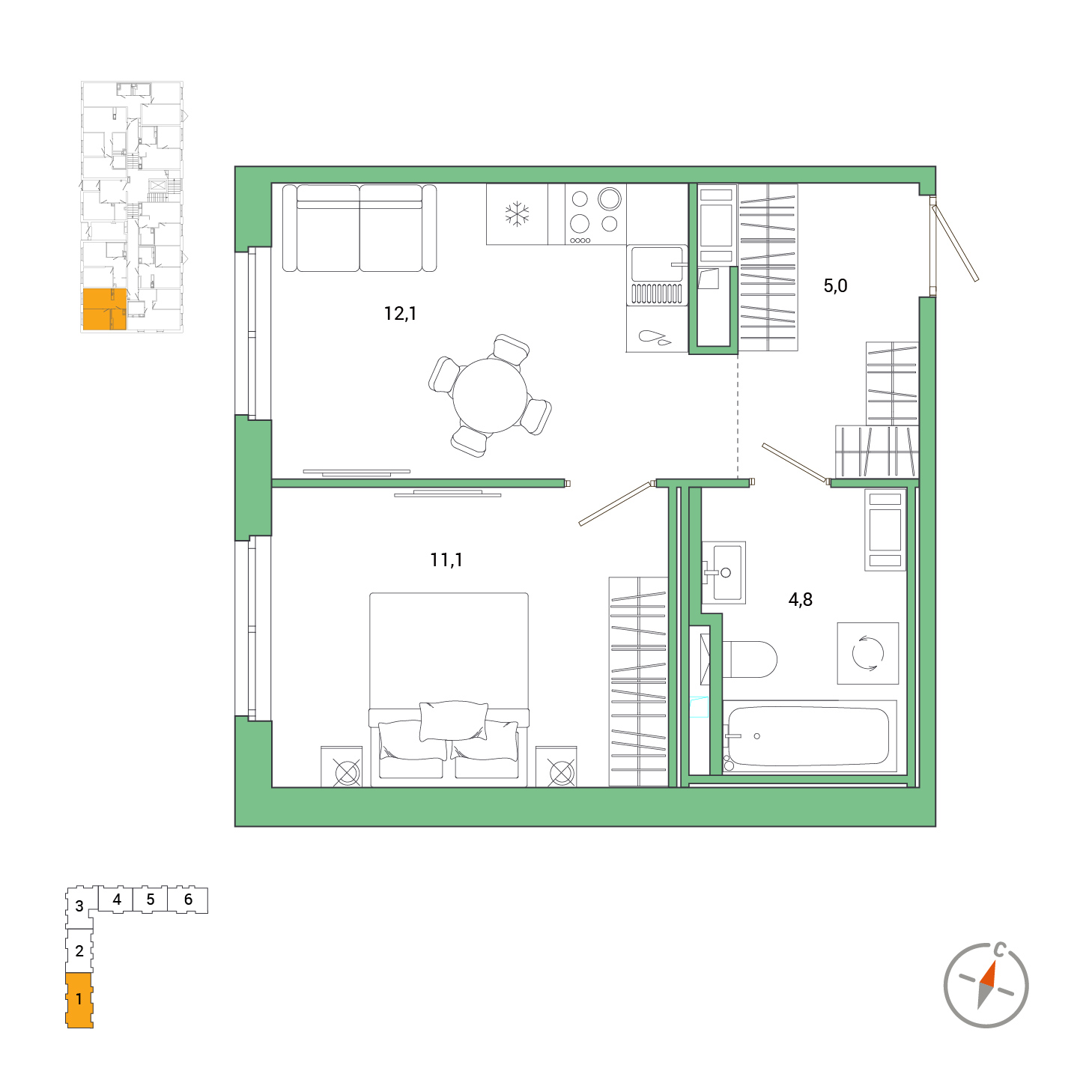 1 комн. квартира, 33 м², 1 этаж 