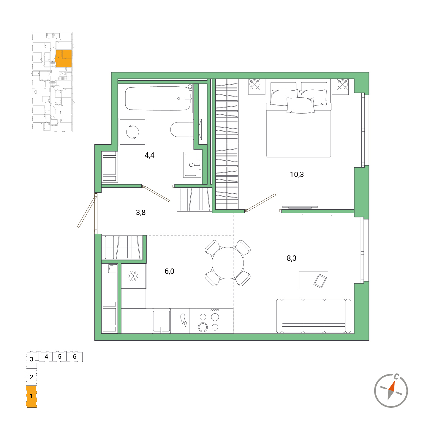 1 комн. квартира, 32.8 м², 1 этаж 