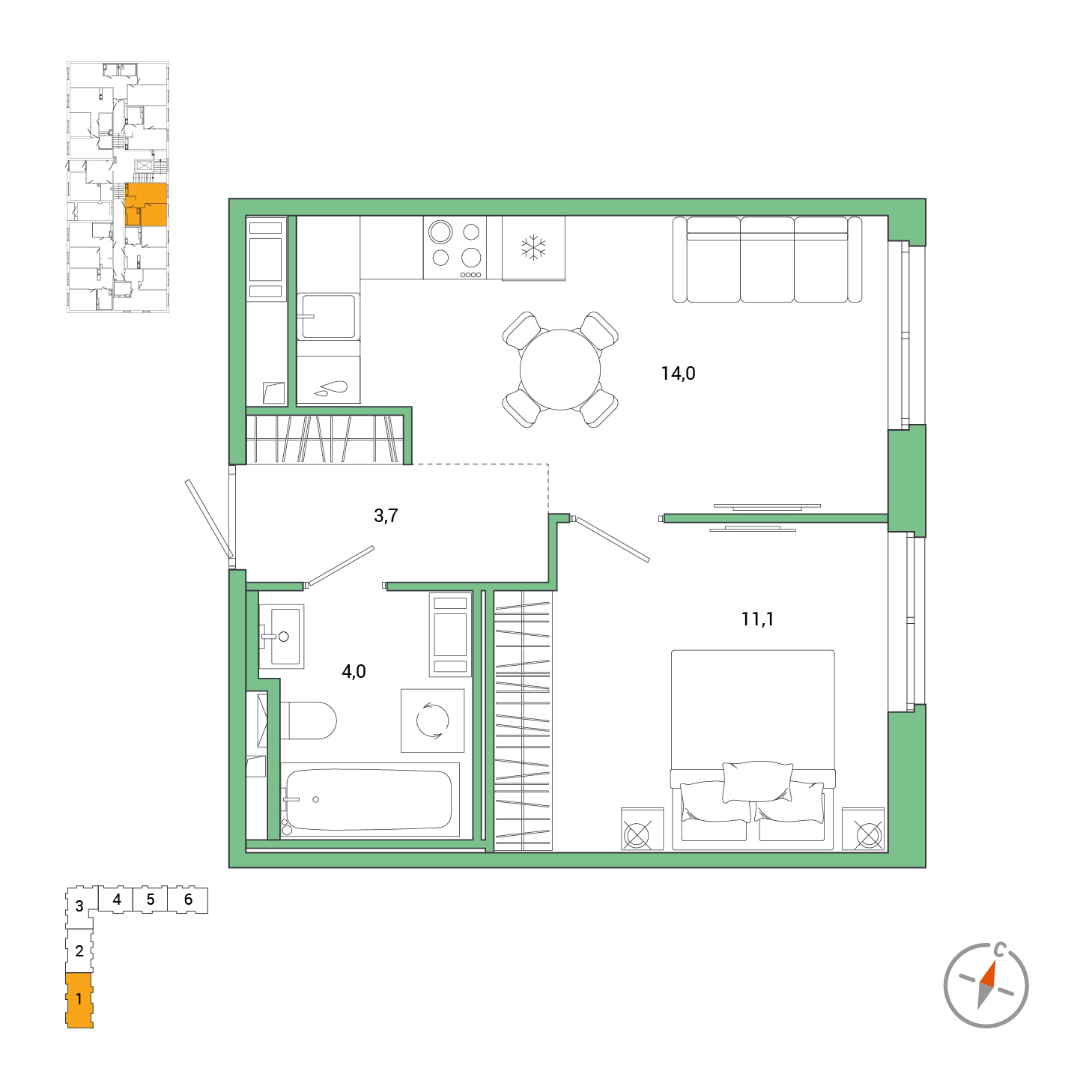 1 комн. квартира, 32.8 м², 1 этаж 