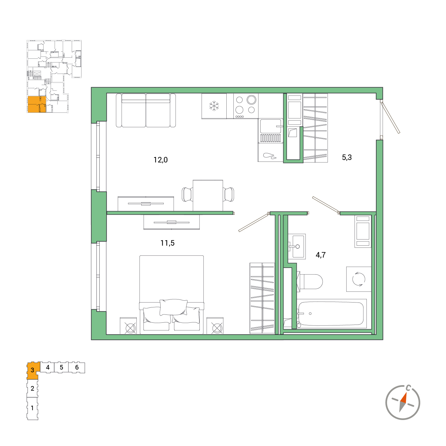 1 комн. квартира, 33.5 м², 1 этаж 