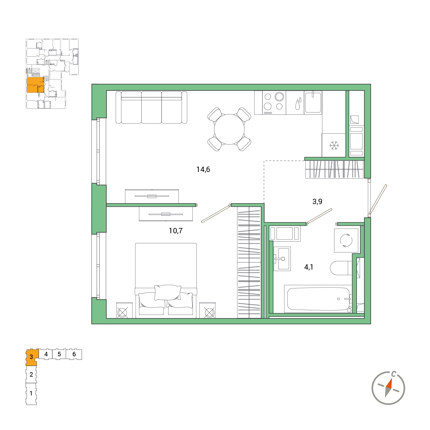 1 комн. квартира, 33.3 м², 1 этаж 