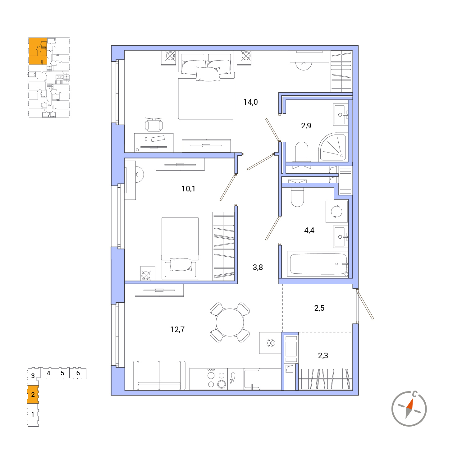 2 комн. квартира, 52.8 м², 1 этаж 