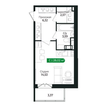 студия, 28 м², 2 этаж 