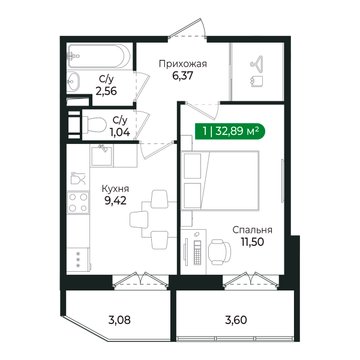 1 комн. квартира, 32.9 м², 2 этаж 