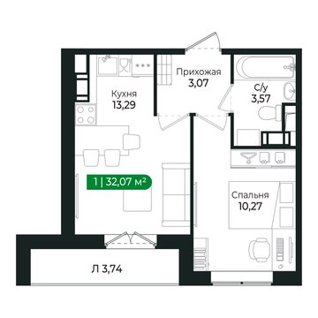 1 комн. квартира, 32.1 м², 2 этаж 