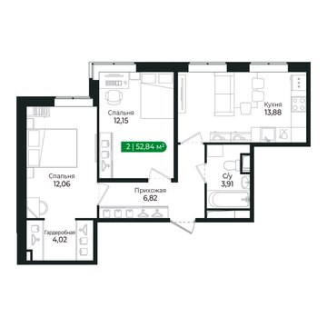 2 комн. квартира, 52.8 м², 2 этаж 