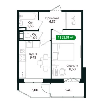 1 комн. квартира, 32.8 м², 3 этаж 