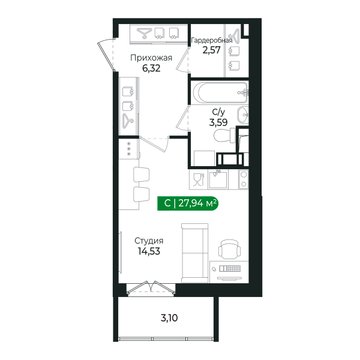 студия, 27.9 м², 5 этаж 