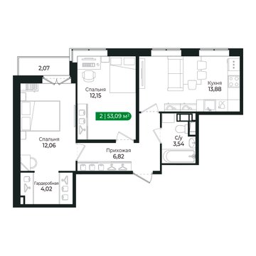 2 комн. квартира, 53.1 м², 3 этаж 