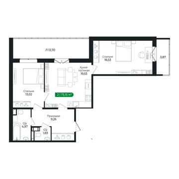 2 комн. квартира, 75.2 м², 7 этаж 